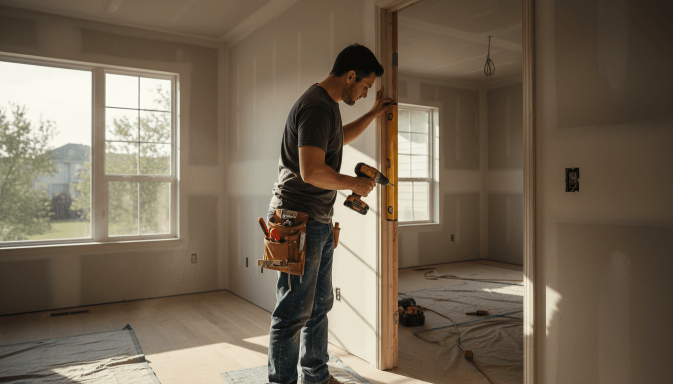 Carpenter installing and leveling door frame in residential interior using level tool and drill